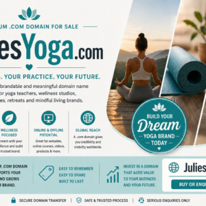 JuliesYoga.com is for sale. Premium .com domain ideal for yoga teachers, wellness studios, online yoga classes, retreats, meditation and personal fitness brands.