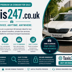 Taxis247.co.uk is for sale. Premium UK domain ideal for taxi companies, 24/7 cab services, airport transfers, private hire operators and booking platforms.