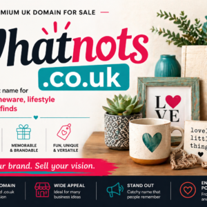 A premium UK domain ideal for quirky products, handmade goods, vintage items, and lifestyle ecommerce brands.