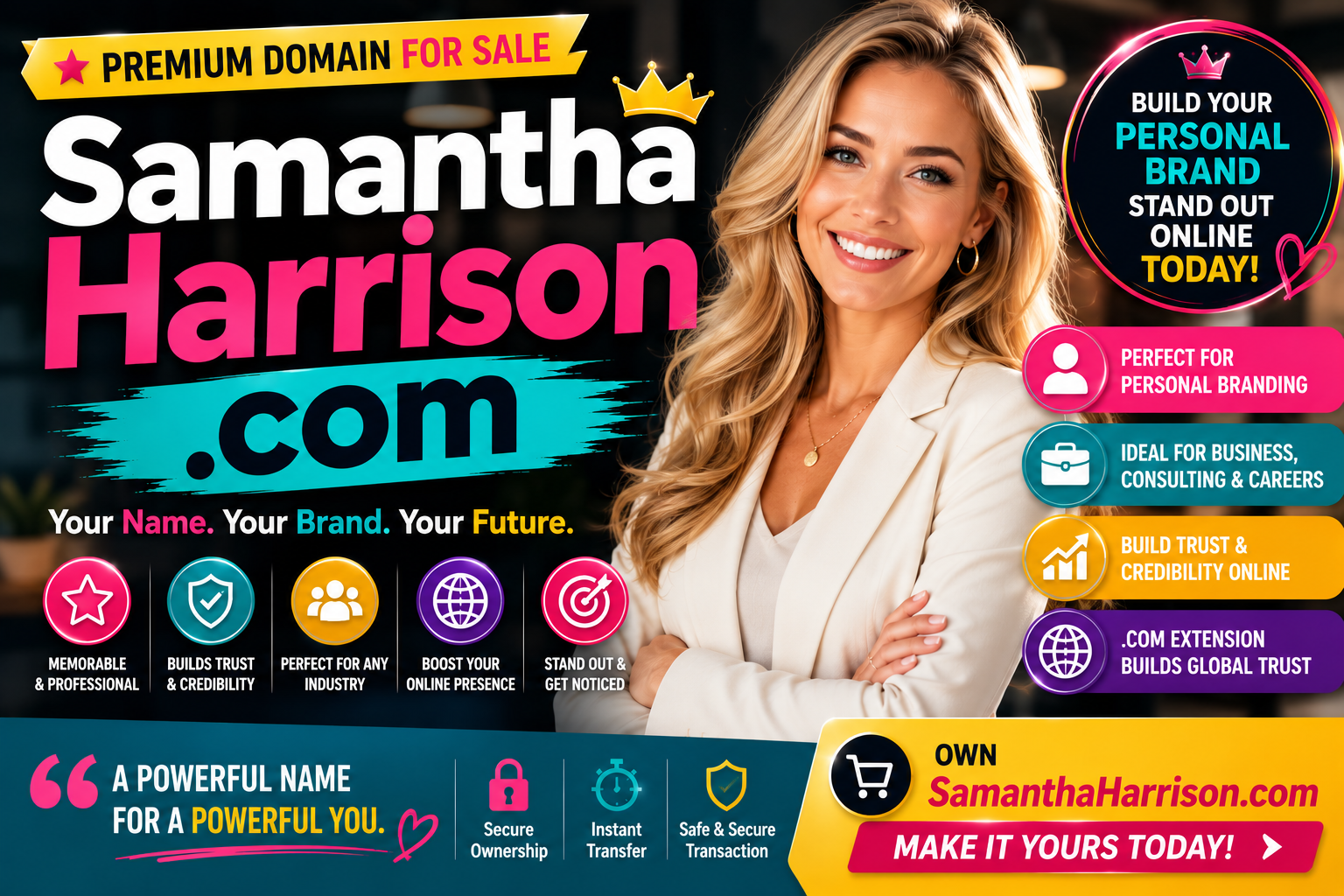 Samantha Harrison .com is a premium personal-name .com domain ideal for branding, professional profiles, consulting, portfolios, author websites, coaching businesses and online identity.