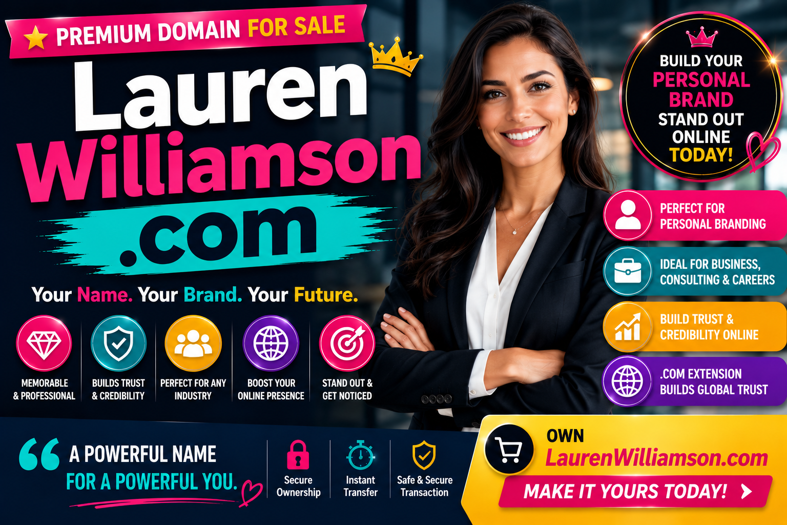 LaurenWilliamson.com is a premium personal-name .com domain perfect for personal branding, professional profiles, consulting, coaching, author websites, portfolios, business identity and online visibility.