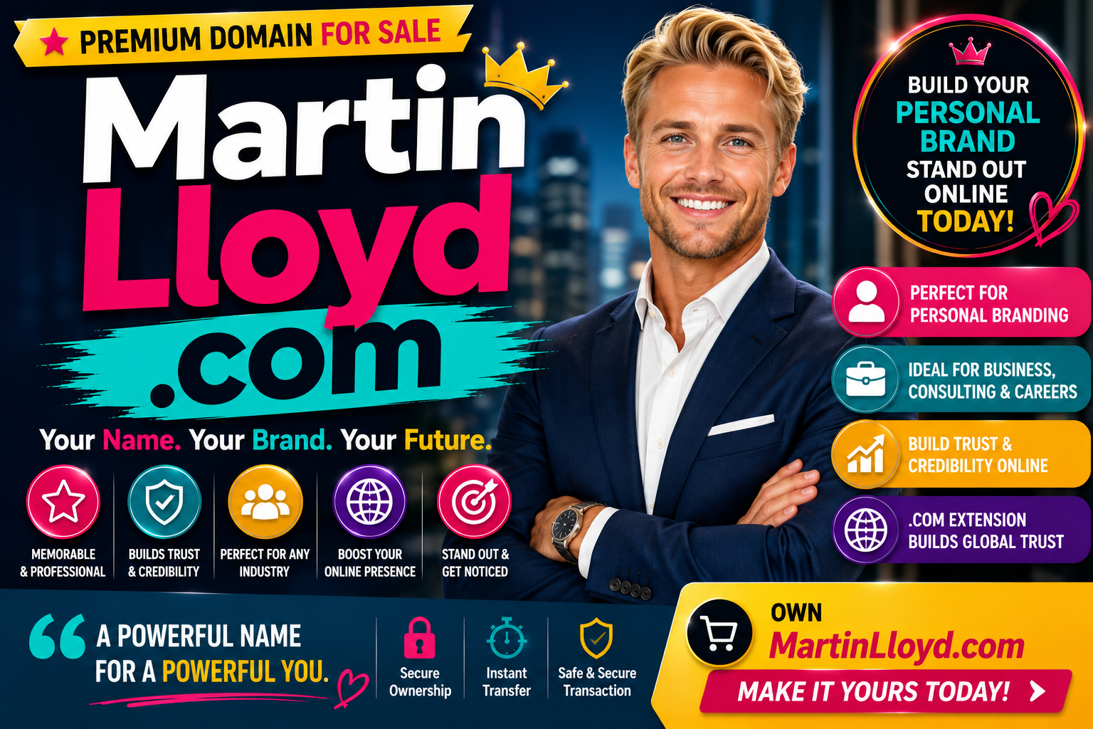 MartinLloyd.com is a premium personal-name .com domain perfect for personal branding, consulting, professional profiles, portfolios, author websites, coaching businesses and online identity building.