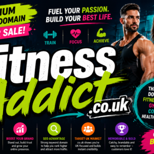 FitnessAddict.co.uk is a premium UK domain ideal for gyms, personal trainers, workout programmes, fitness blogs, online coaching, supplements, activewear and health brands. Secure this memorable .co.uk fitness domain today.