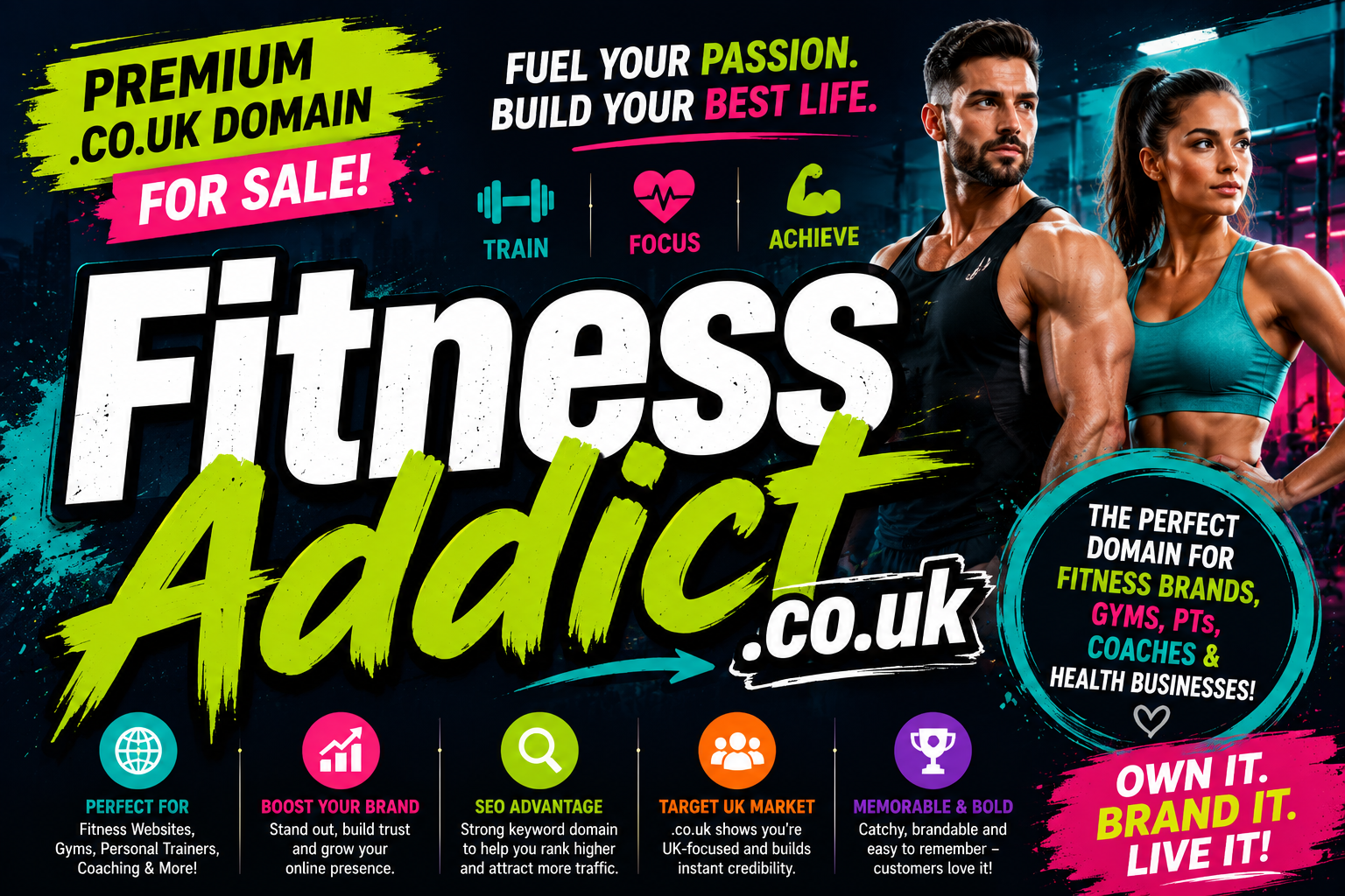 FitnessAddict.co.uk is a premium UK domain ideal for gyms, personal trainers, workout programmes, fitness blogs, online coaching, supplements, activewear and health brands. Secure this memorable .co.uk fitness domain today.