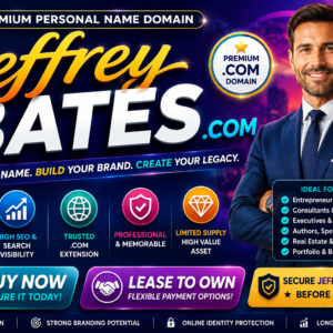 Jeffrey Bates .com is a premium personal name domain ideal for personal branding, business, consulting, coaching, executive branding, entrepreneurs, influencers, authors and professional websites. Buy now or lease to own this memorable .com domain for strong online branding, credibility and Google search visibility.