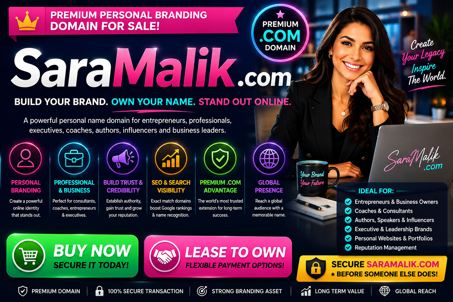 Sara Malik .com is a premium personal name domain ideal for personal branding, business, consulting, coaching, executive branding, entrepreneurs, influencers, authors and professional websites. Buy now or lease to own this memorable .com domain for strong online branding, credibility and Google search visibility.