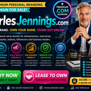 Charles Jennings .com is a premium personal name domain ideal for executive branding, business, consulting, coaching, entrepreneurs, influencers, authors and professional websites. Buy now or lease to own this memorable .com domain for strong personal branding, online credibility, SEO marketing and Google search visibility.
