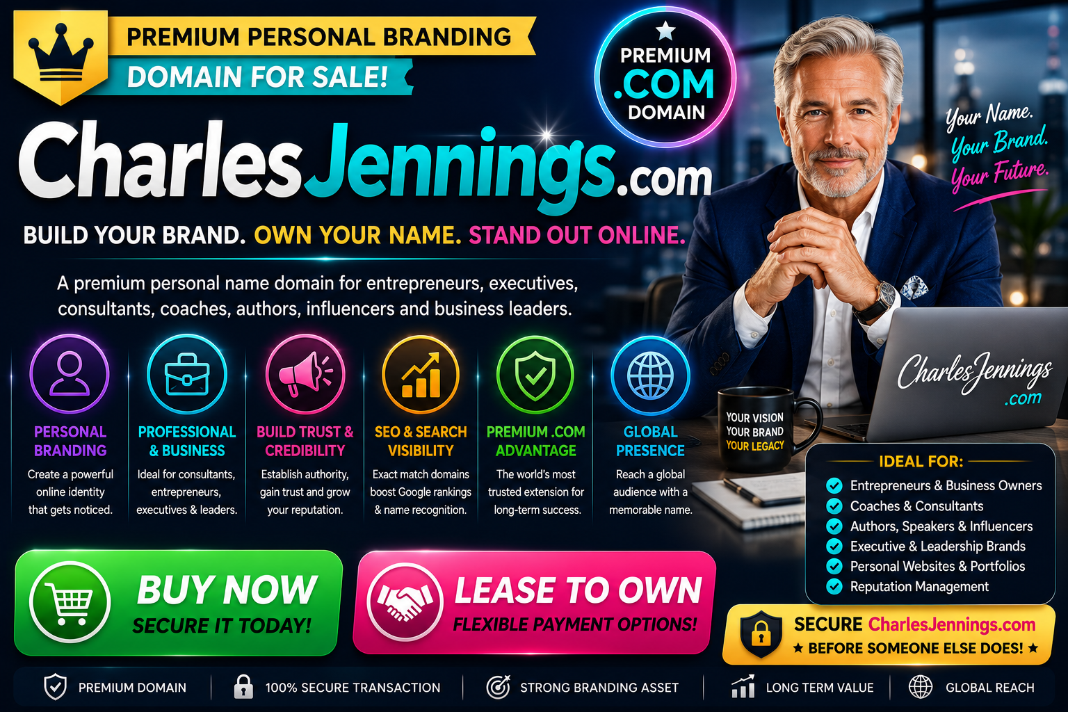 Charles Jennings .com is a premium personal name domain ideal for executive branding, business, consulting, coaching, entrepreneurs, influencers, authors and professional websites. Buy now or lease to own this memorable .com domain for strong personal branding, online credibility, SEO marketing and Google search visibility.