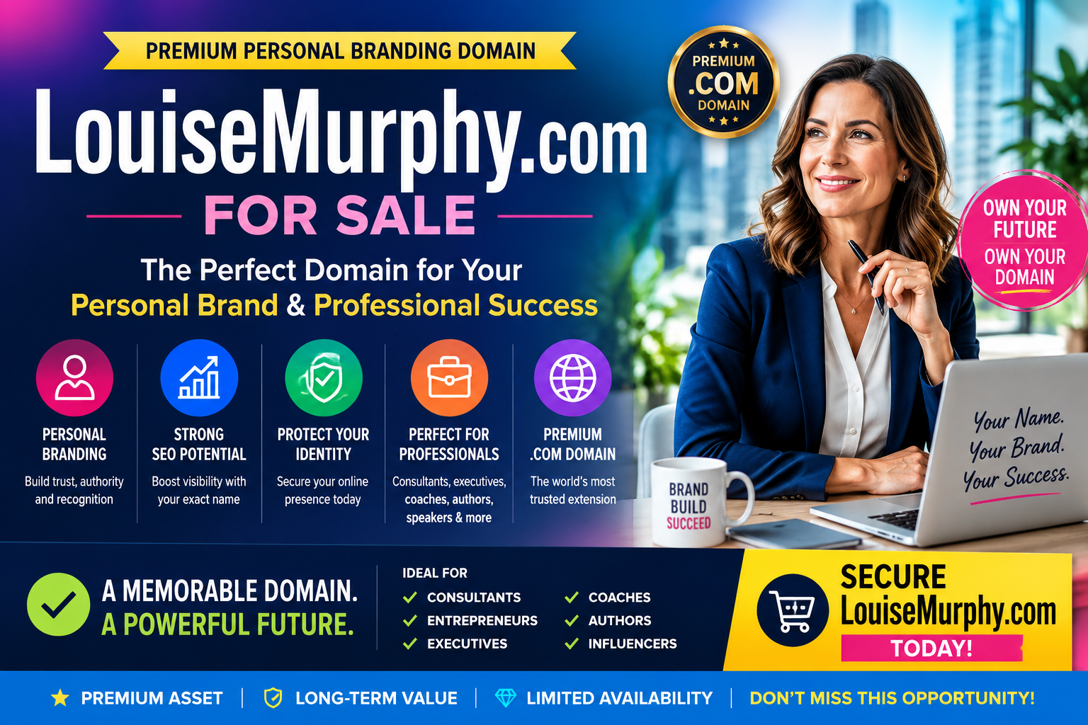 Louise Murphy .com is a premium exact-match personal name domain for sale. Ideal for personal branding, professional websites, entrepreneurs, consultants, executives, authors, speakers and online reputation management. Secure LouiseMurphy.com today.
