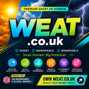 Weat.co.uk, a memorable 4-letter UK domain perfect for weather apps, climate tech, ecommerce or modern online businesses.