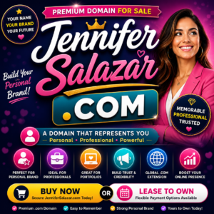 Premium .com domain JenniferSalazar.com for sale. Ideal for personal branding, resumes, portfolios, coaching, consulting or online business profiles.
