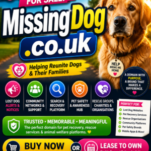 MissingDog.co.uk is a memorable .co.uk domain ideal for lost dog alerts, pet recovery services, rescue organisations and animal welfare platforms.