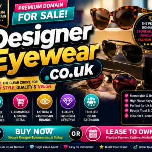 Premium .co.uk domain DesignerEyewear.co.uk for sale. Perfect for designer glasses, prescription eyewear, sunglasses and luxury optical ecommerce.