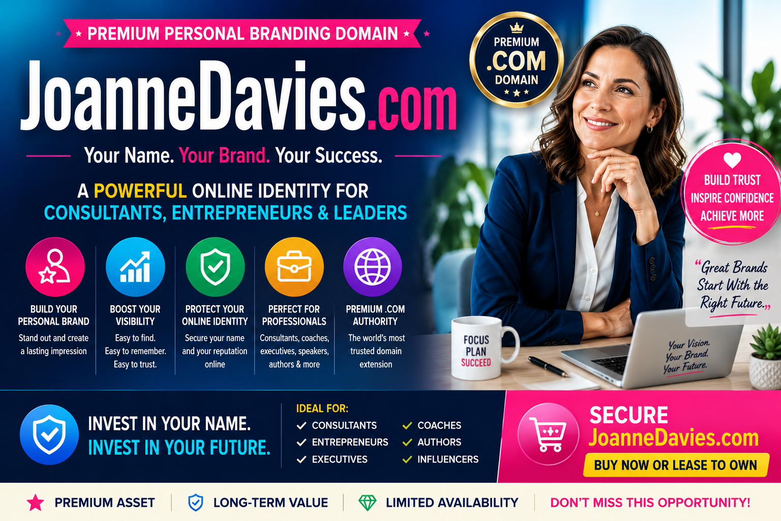 Joanne Davies .com is a premium exact-match personal name domain for sale. Perfect for personal branding, professional websites, entrepreneurs, consultants, executives, coaches, authors and speakers seeking a trusted online identity.