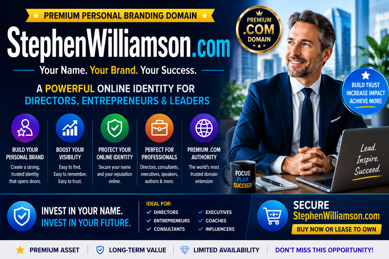 Stephen Williamson .com is a premium exact-match personal name domain for sale. Ideal for personal branding, professional websites, entrepreneurs, consultants, executives, coaches, authors and speakers seeking a trusted online identity.