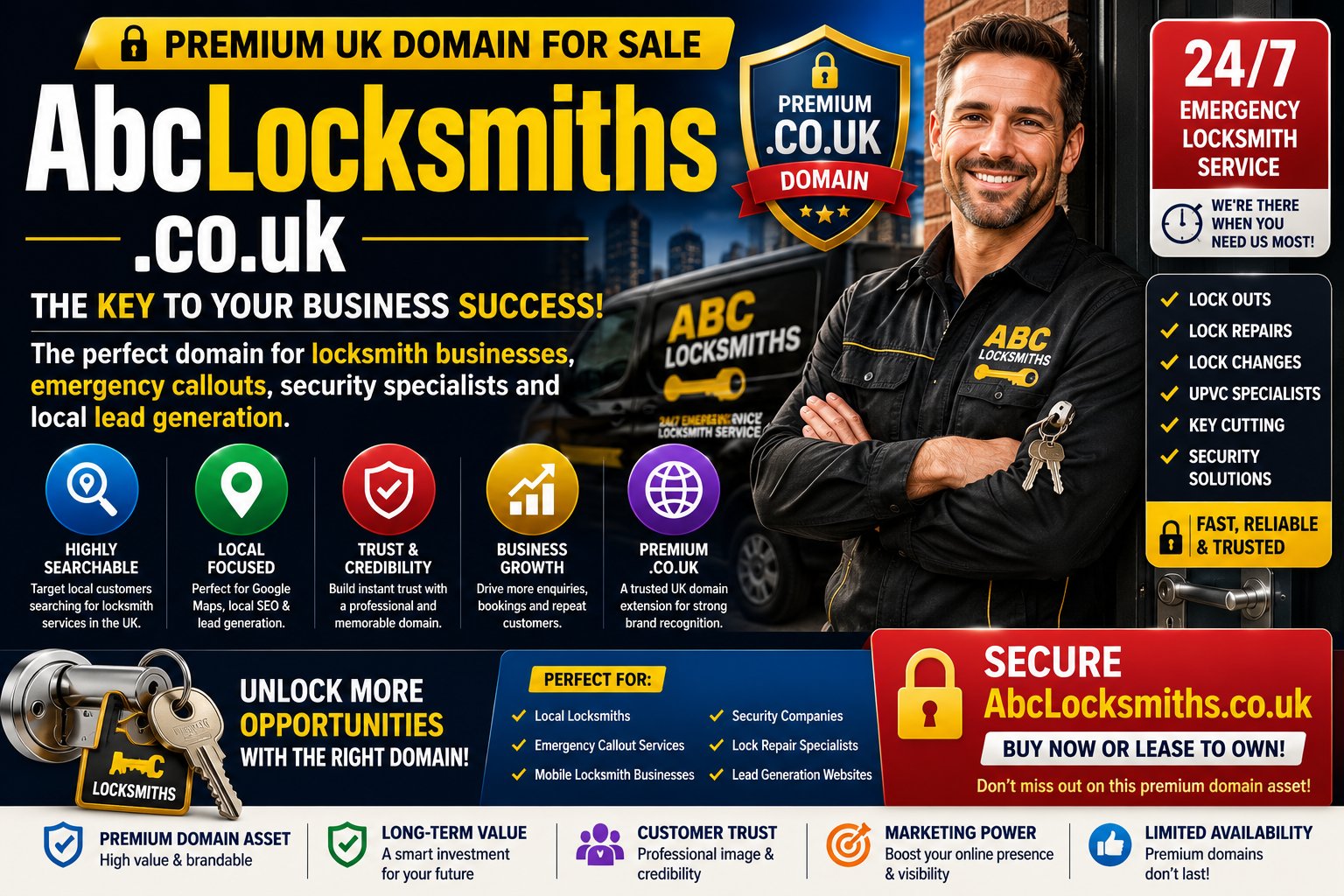 Abc Locksmiths .co.uk is a premium UK locksmith domain for sale. Perfect for emergency locksmiths, mobile locksmith services, lock repair specialists, key cutting businesses, security companies and lead generation websites seeking strong online visibility