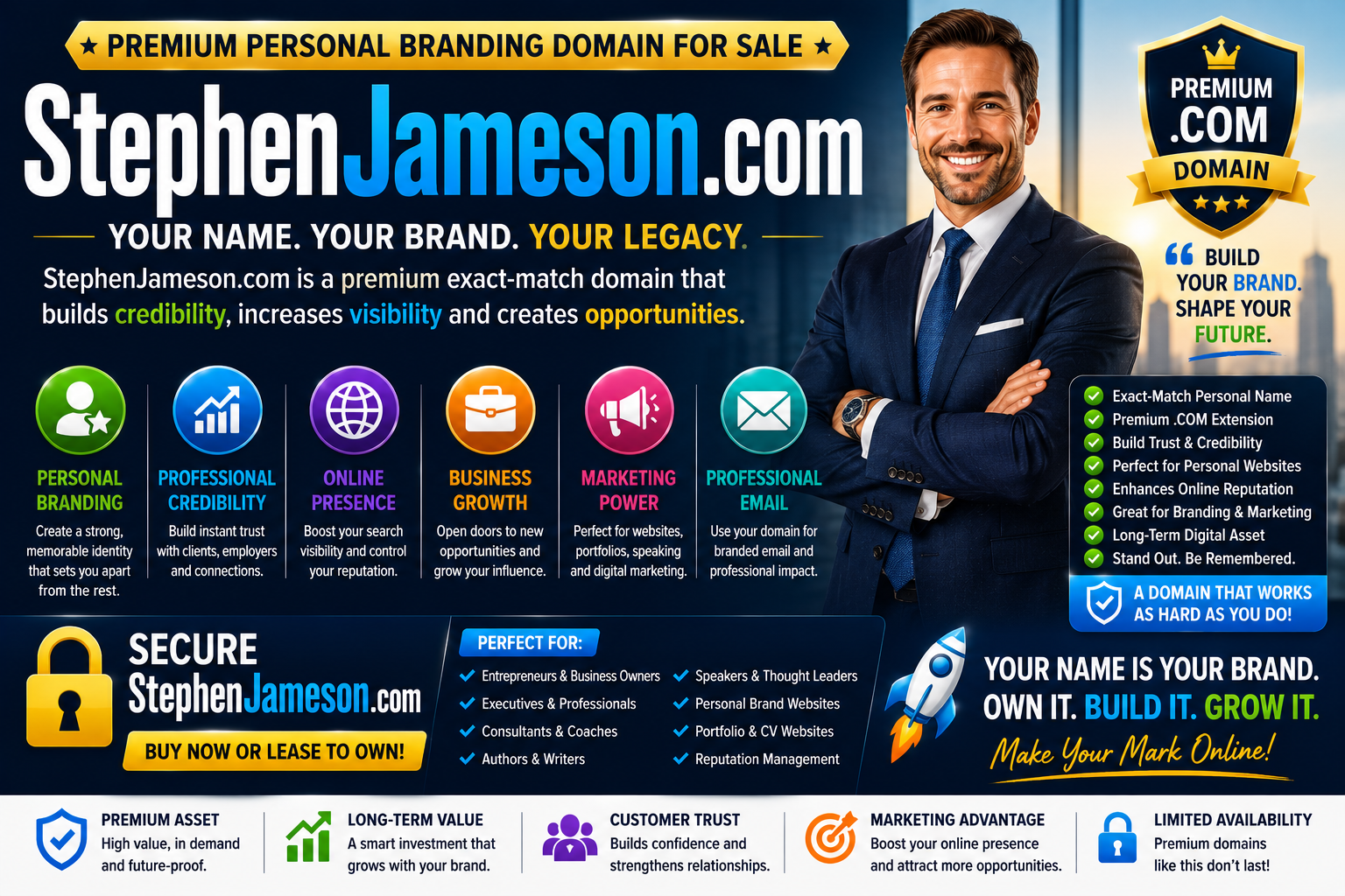 Stephen Jameson .com is a premium exact-match personal name domain for sale. Perfect for personal branding, professional websites, entrepreneurs, consultants, executives, coaches, authors and speakers seeking a trusted online identity.