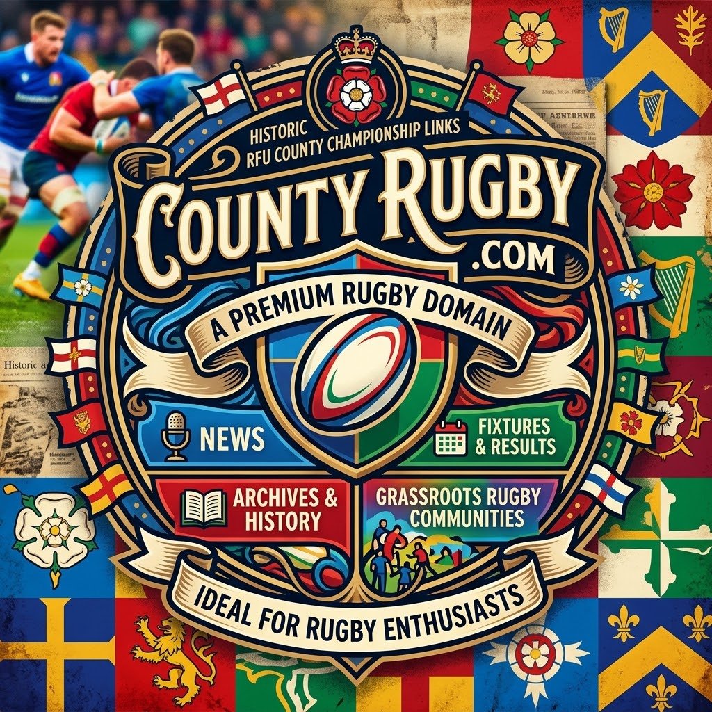 could you make me a colourful eye catching graphic for the domain name CountyRugby.com using the information below. CountyRugby.com is a memorable premium rugby domain with historic links to England's RFU County Championship. Ideal for county rugby news, fixtures, results, archives, rugby history and grassroots rugby communities.